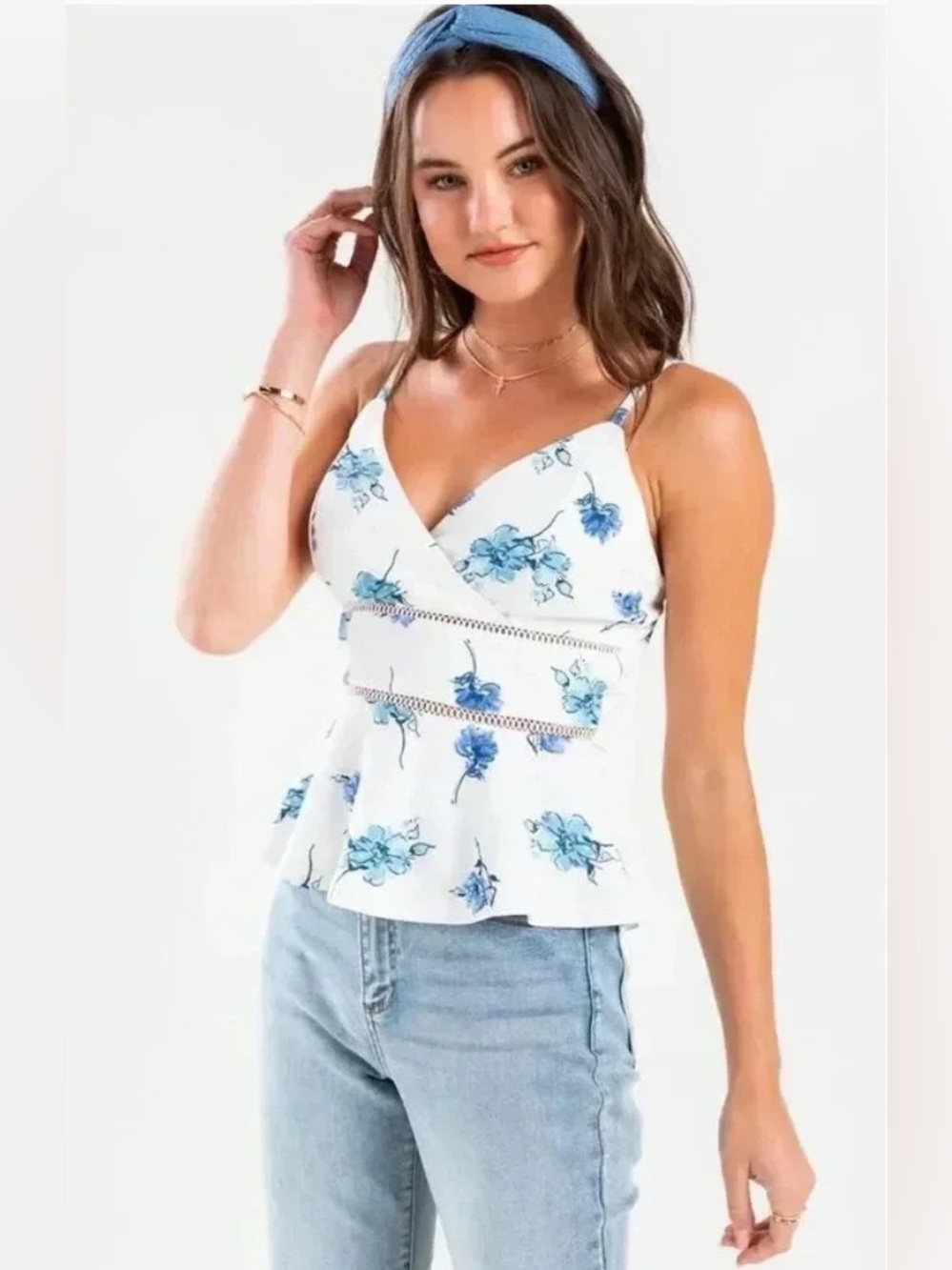 Trixxi Floral eyelet Trim White & Blue Peplum Top Size-Small Coquette